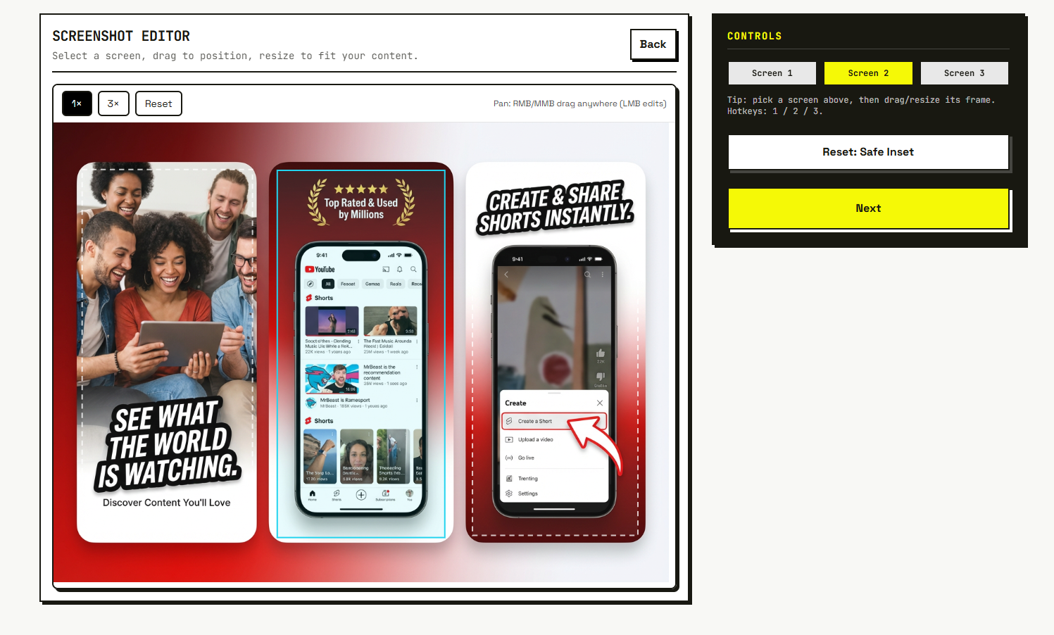 Editor — crop areas for 3 screens