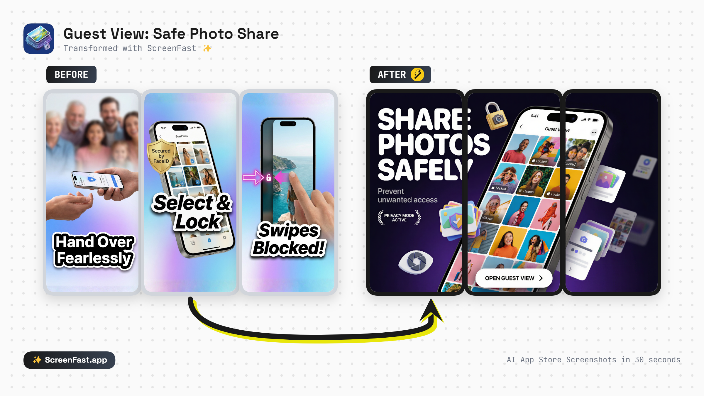 Before and after App Store screenshots created with ScreenFast
